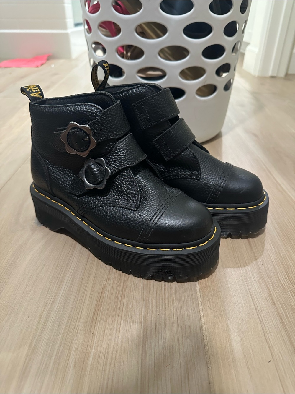 Dr. Martens Devon Flower Black Leather Platform Boots with Yellow Stitching